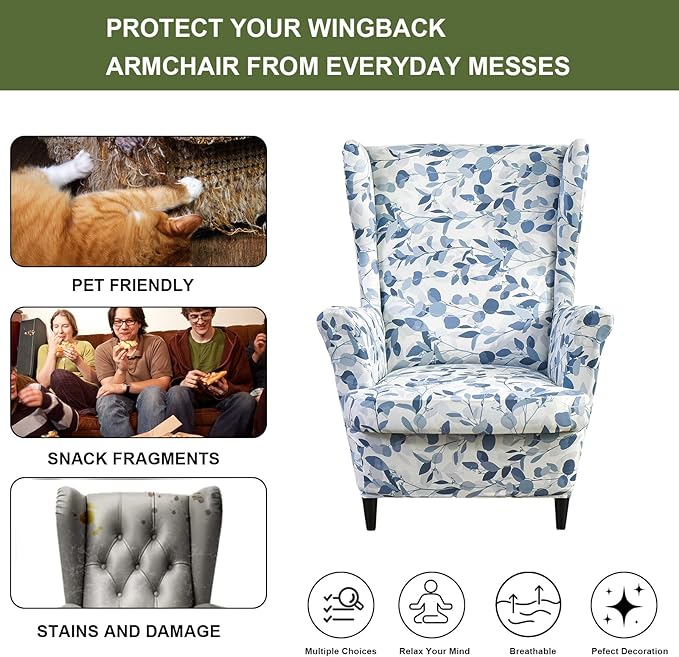 HAOYONG Wing Chair Slipcovers Printed Wingback Chair Covers 2 Pieces Wingback