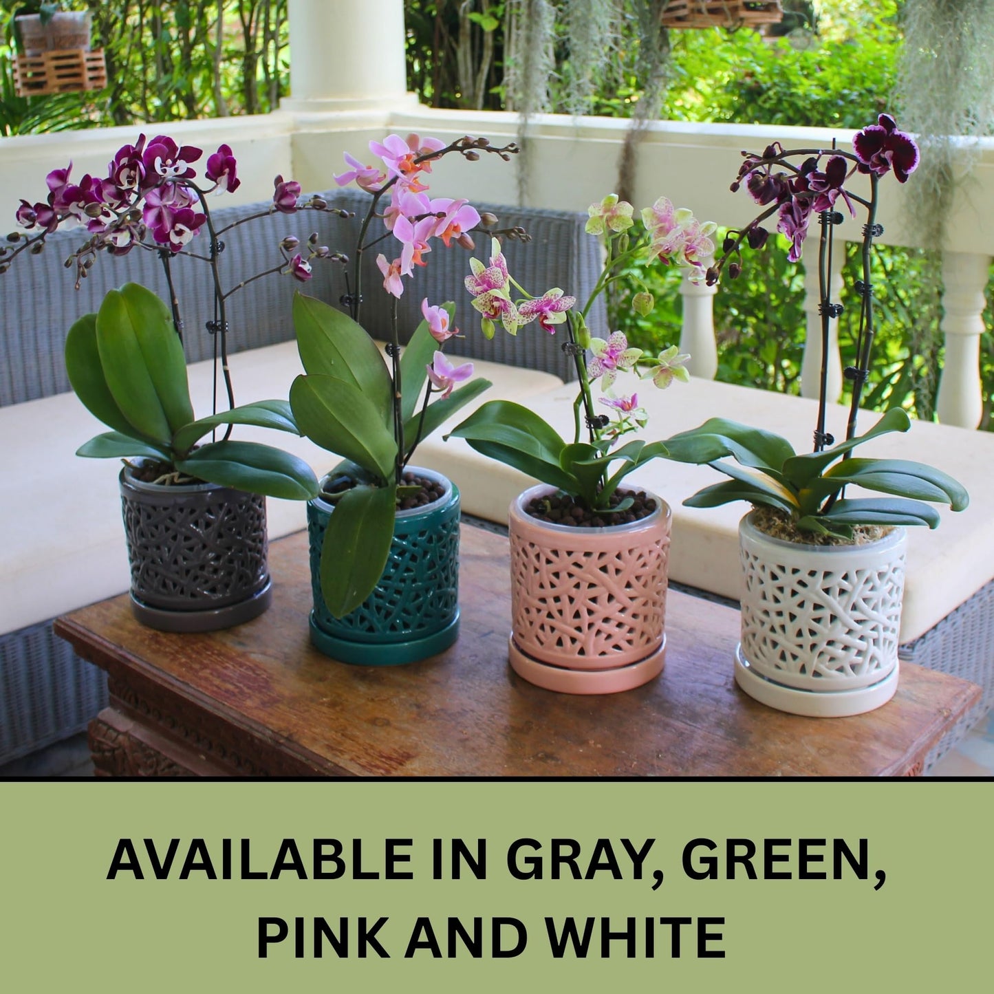 DESQUIGGLE Gray Large Ceramic Orchid Pot with Holes, 6 Inches Wide, for Indoors or Outdoors with Woven String Cut Out Design, Orchid Planters, Orchid Gifts