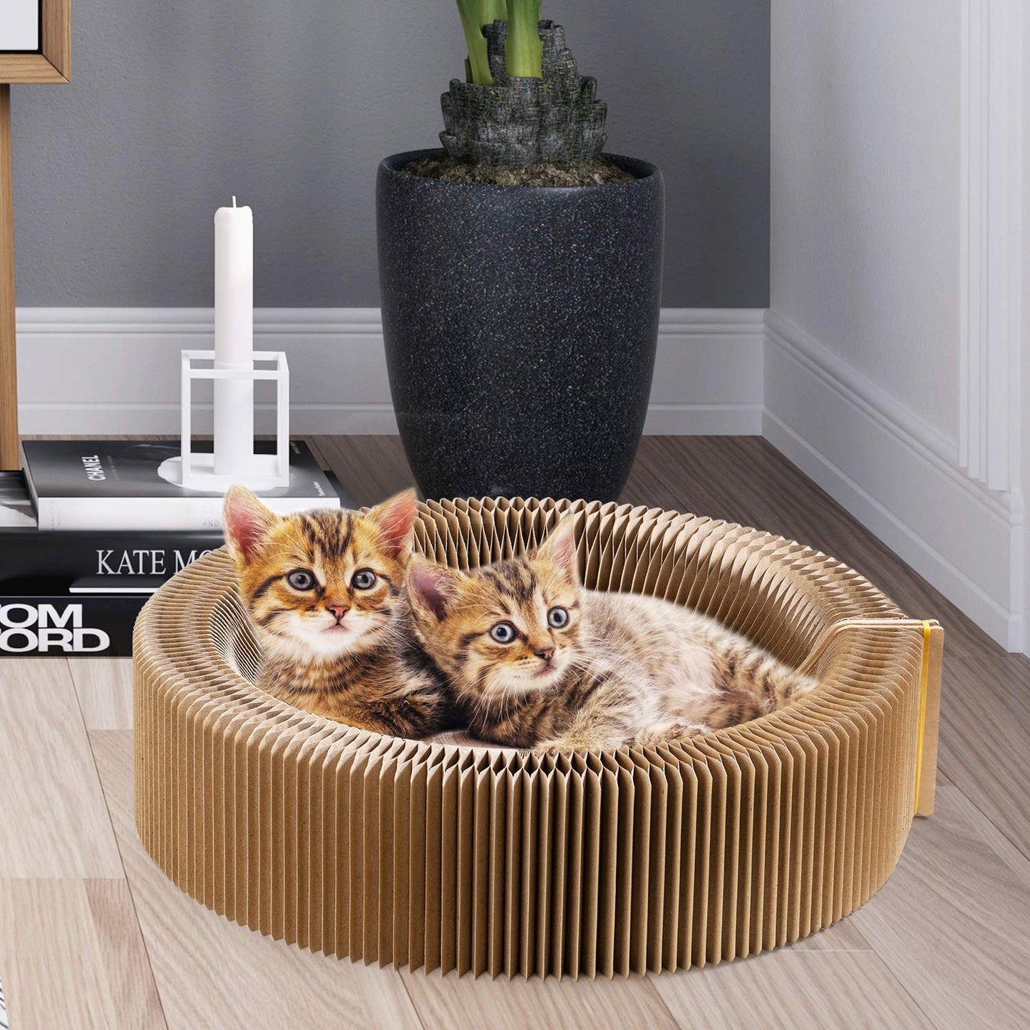 Koimsec Collapsible Cat Scratcher Lounge, Cardboard Cat Bed, Corrugated Pet Scratcher Pad, Round Cat Scratching Bed Nest for Indoor Big Large Kitty Kitten Cats