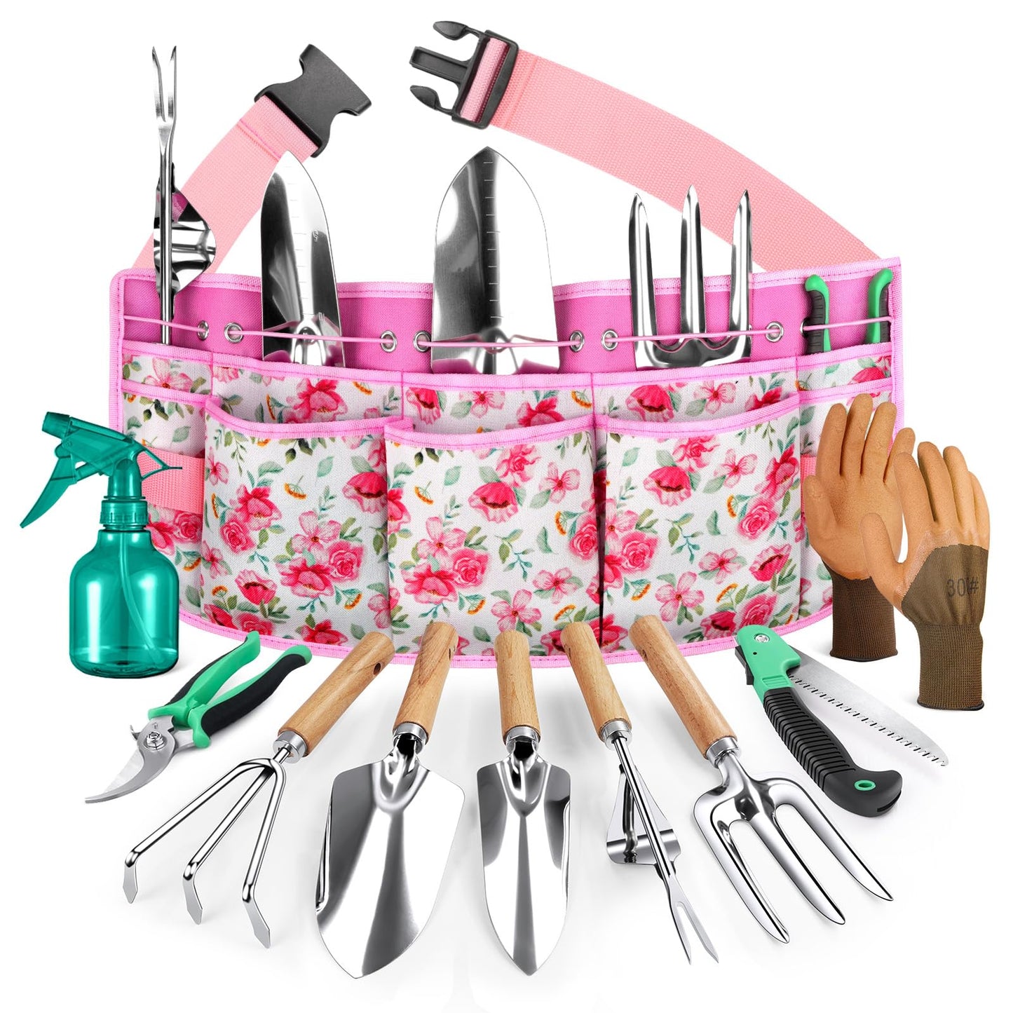 Grenebo All-in-One Garden Tool Set with Tools Organizer Belt Adjustable, 10-Piece Gardening Hand Tools, Long Lasting Rust-Proof Premium Garden Tool Kit, Gardening Gift for Women Men (Pink)