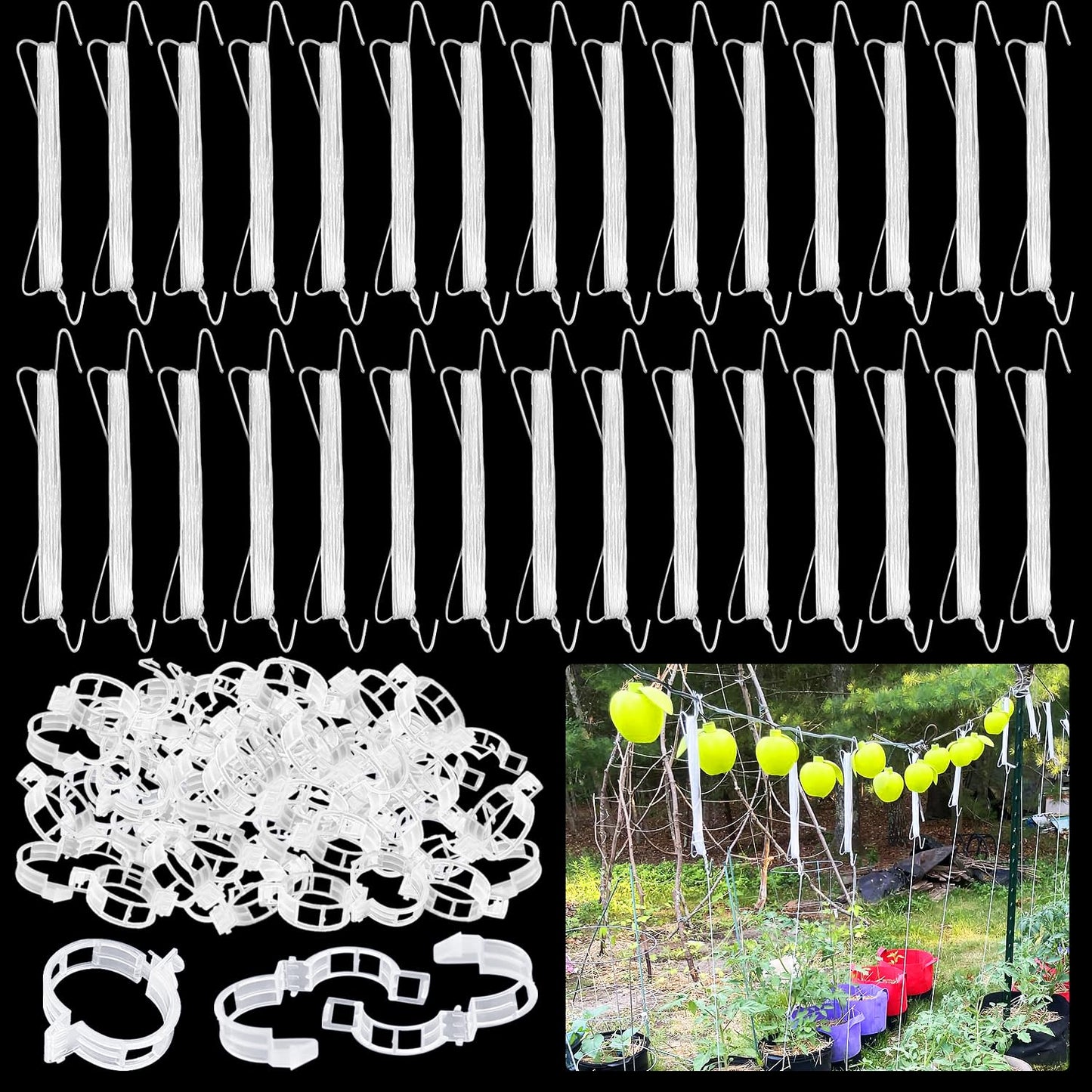 Srmayyi 160 PCS Tomato Hooks with String,Tomato Holder Hooks with Plant Clips and 32.8ft Twine,Climbing Plants Support Hooks Flower Vine Twine Crop Trellis,Prevent Pinching or Falling Off