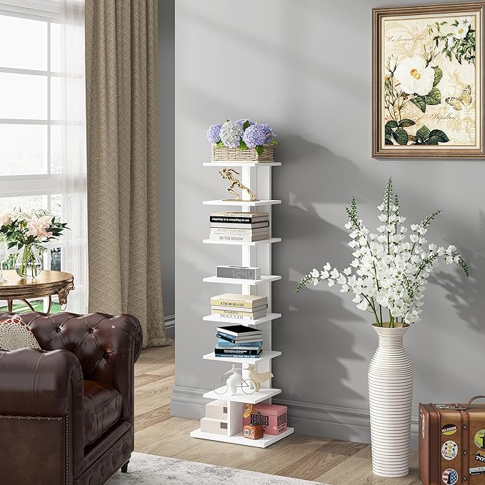 TUTOTAK Narrow Bookshelf, 8-Tier Bookcase, Spine Book Shelf