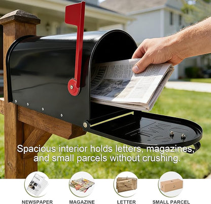 Black Galvanized Steel Post-Mount Mailbox, 19 x 8.7 x 6.7 inches, Standard Mail Box,Medium Capacity,Mailboxes for Outside Post Mount