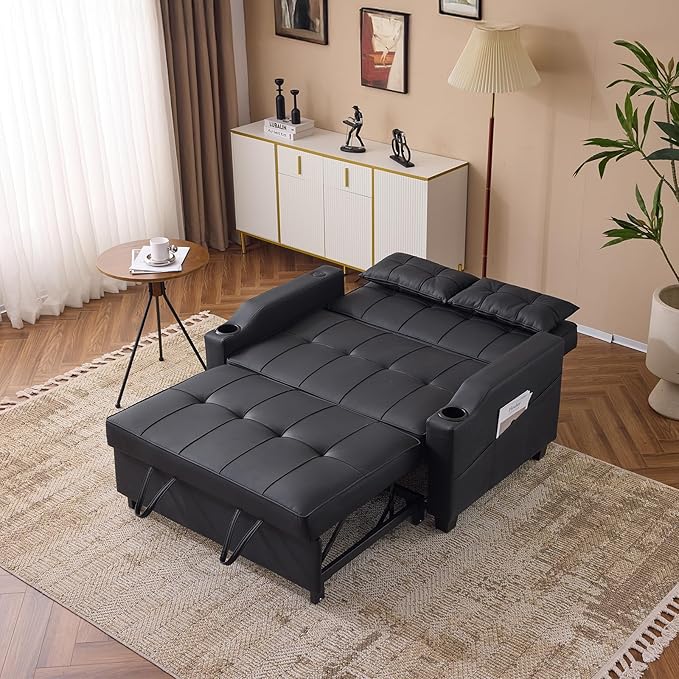 VINGLI Black Futon Sofa Bed Convertible Loveseat Sleeper Couch, Faux Leather