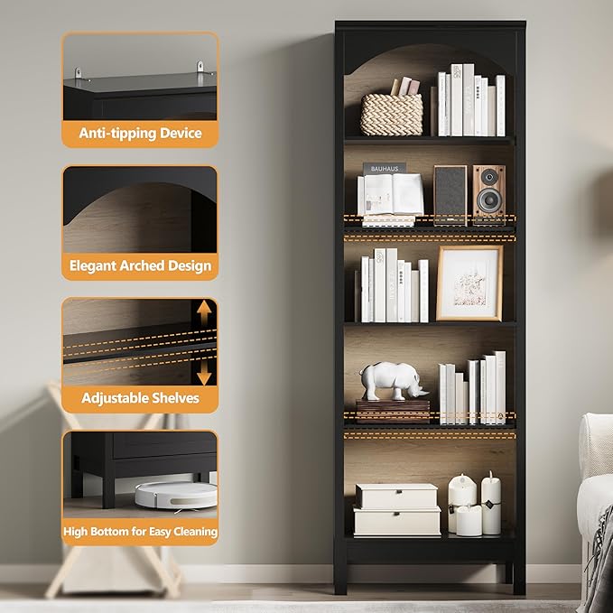 Arched Bookshelf with 5 Tier Open Shelves, Study and Living Room, Modern Black