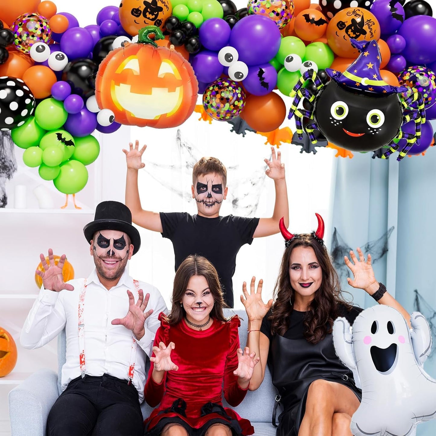 CboDeco Halloween Balloon Garland Arch Kit 144PCS with Ghost Pumpkin Spider BOO Foil Balloon Black Orange Green Purple Balloons for Halloween Decorations Balloons Party Supplies