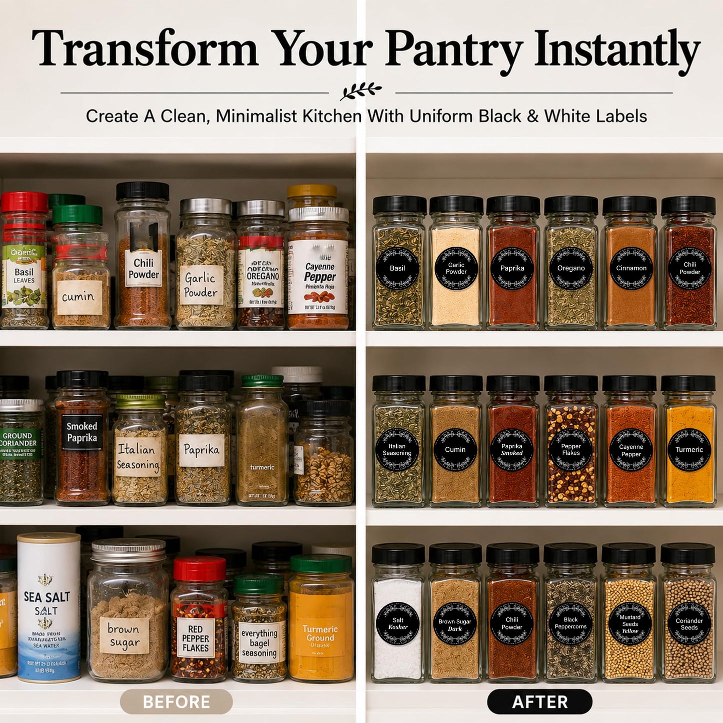 665 Spice Labels Book with A-Z Index, Black Round Pantry Stickers