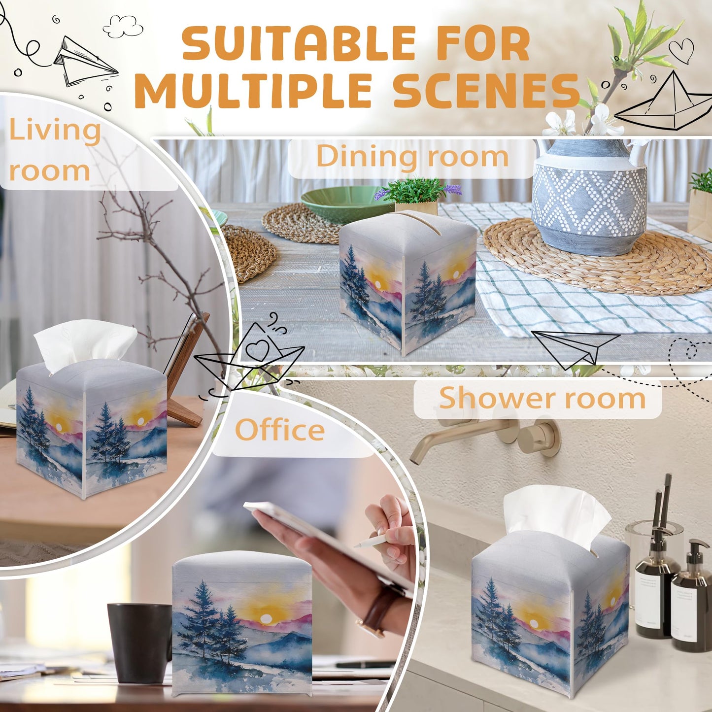 Winter Pine Tree Tissue Box Holder, Winter Forest Landscape Leather Tissue Box Cover Square, Paper Facial Decorative Tissues Cover for Night Stands Bathroom Kitchen Office Home Decor-B22
