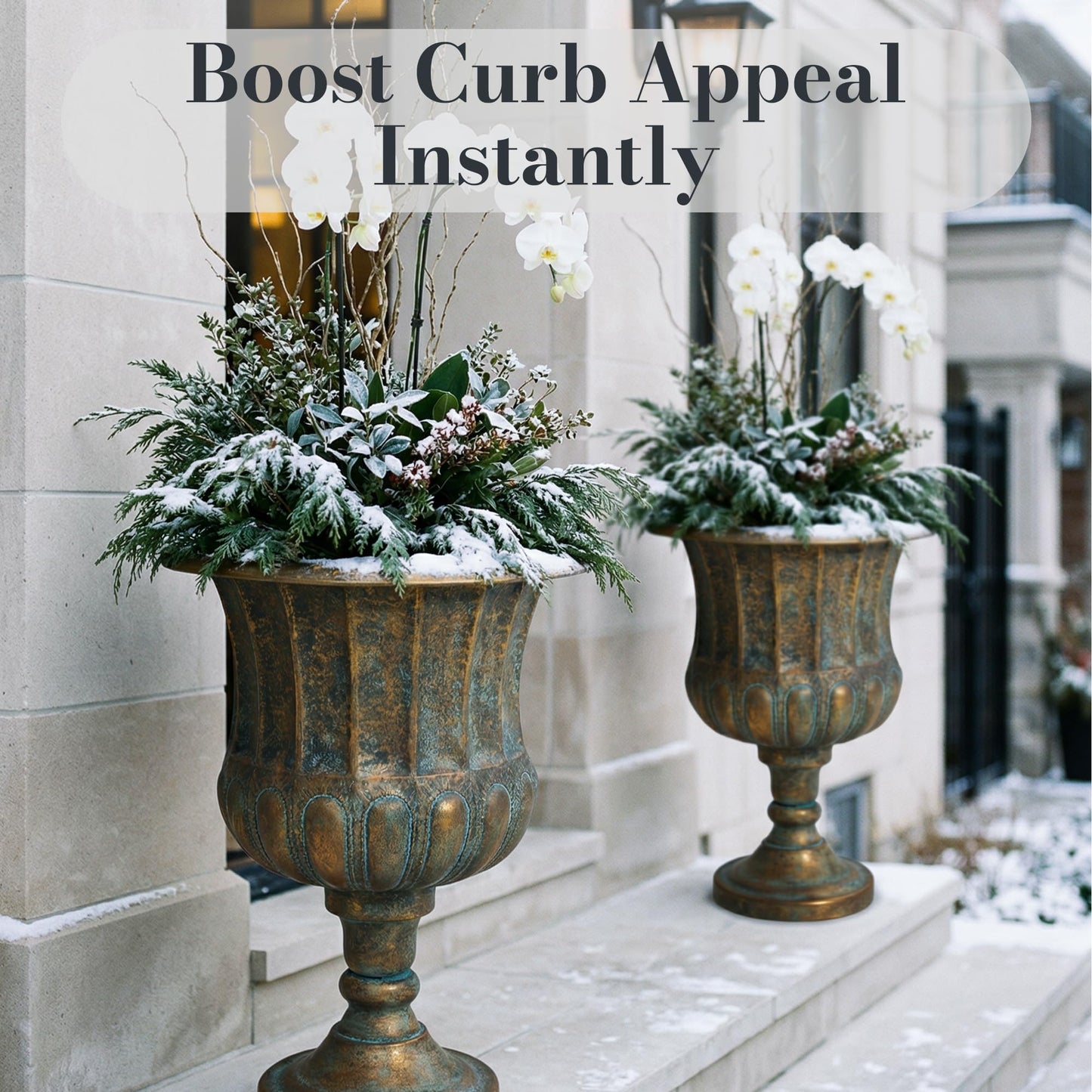 Worth Garden 24.5" H. Metal Urn Planters 2-Pack - Bronze Classic Antique Iron Plant Pots - Large Decorative Rustic Flower Pots for Outdoor Use - Traditional Urn Planter for Patio, Front Porch