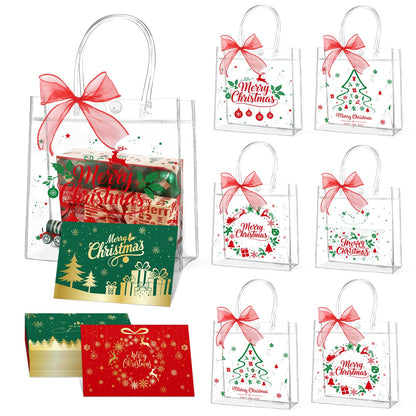 24pcs Christmas Clear Gift Bags with Handles And Ribbon Merry Christmas Greeting Card Set Xmas Transparent Reusable Gift Wrap Bags PVC Candy Goodie Treat Totes for Xmas Winter Holiday Party Favors