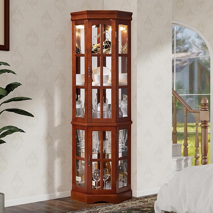 Corner Curio Cabinet with Lighting System, Adjustable Tempered Glass Shelves