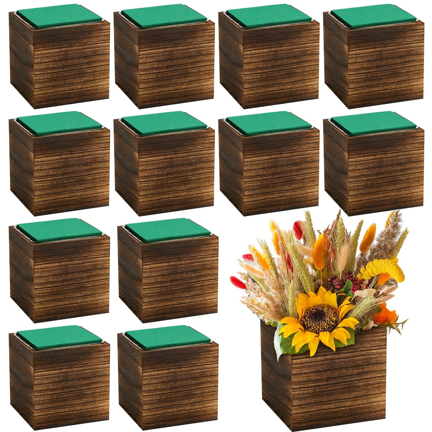 Dandat 12 Set Wood Cube Planter Box Square Wood Vase Rustic Cube Planter Box with Removable Plastic Liner Floral Foam Blocks for Centerpieces Home Wedding Garden Decor, Country Style (Brown)