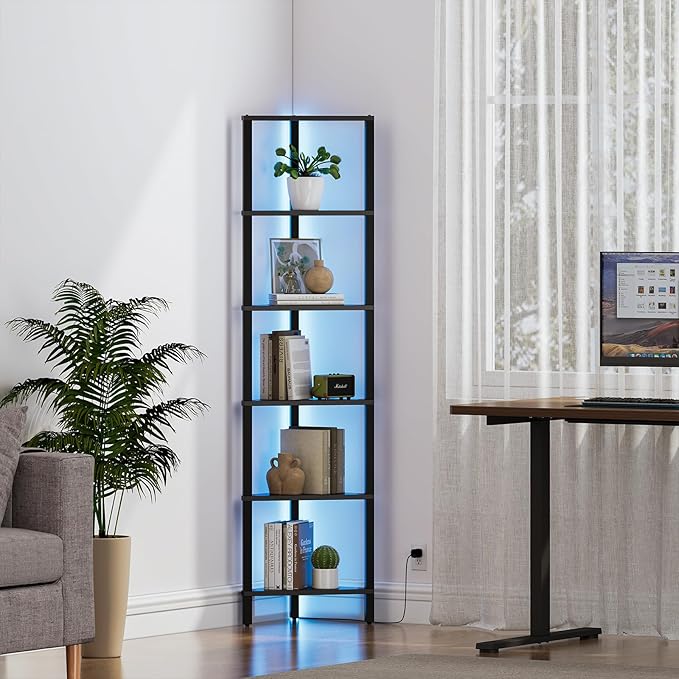 TUTOTAK Corner Shelf with LED Light, 6-Tier Corner Bookshelf