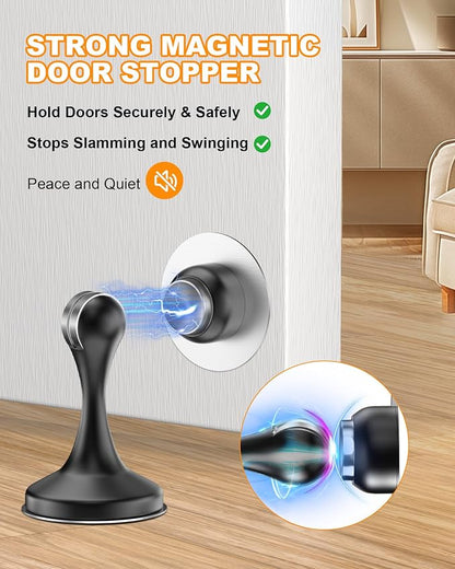 Crosize Magnetic Door Stoppers 8 Pack, Stainless Steel Door Stops for Wall and Floor Mounting, Door Holder Keep Door Open, No Drilling Door Stop with 3D Adhesive Tapes, Black