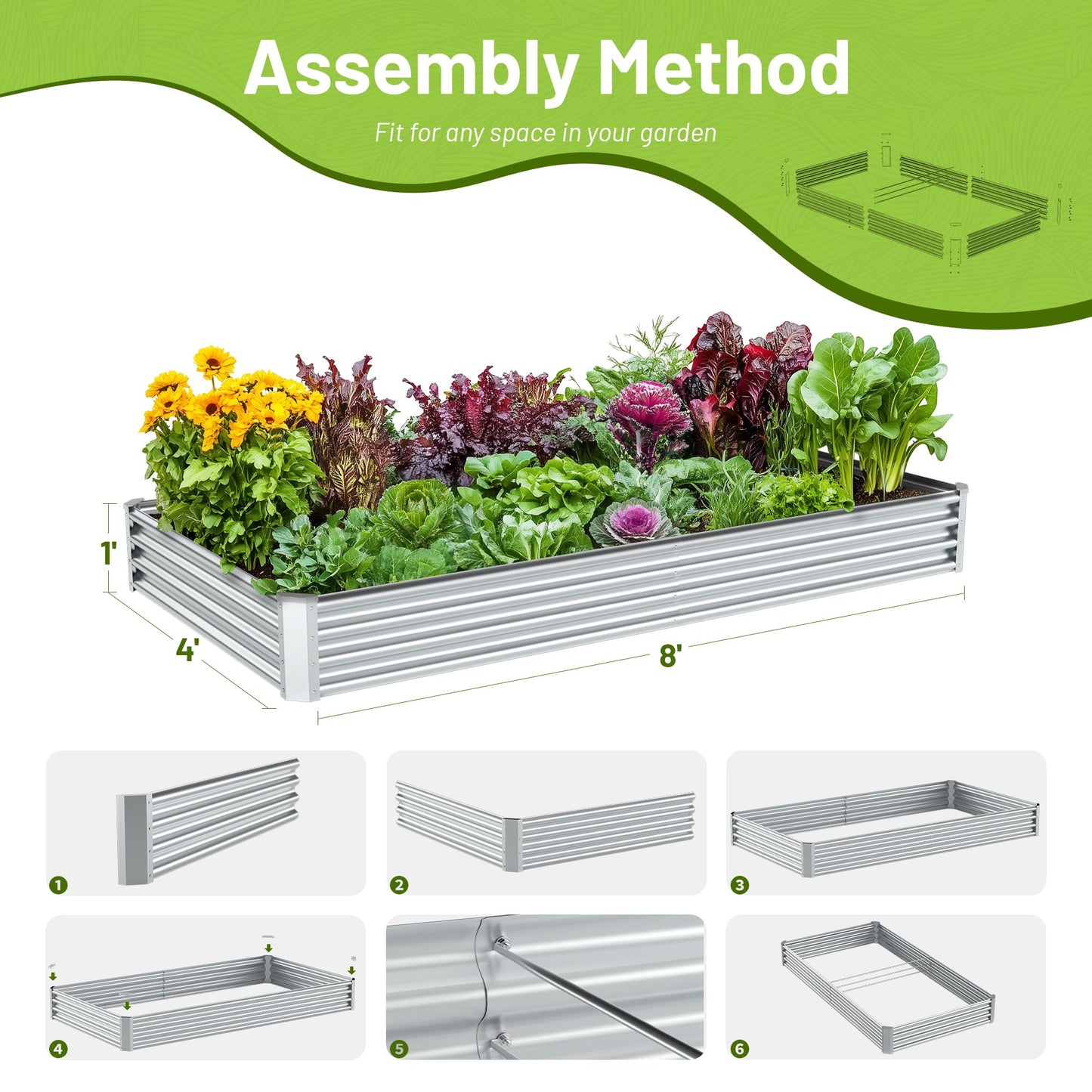Ayen Guard 2PCS 8x4x1FT Galvanized Raised Garden Bed, Galvanized Planter Raised Garden Boxes Outdoor, Large Metal Raised Garden Beds for Vegetables-Silver