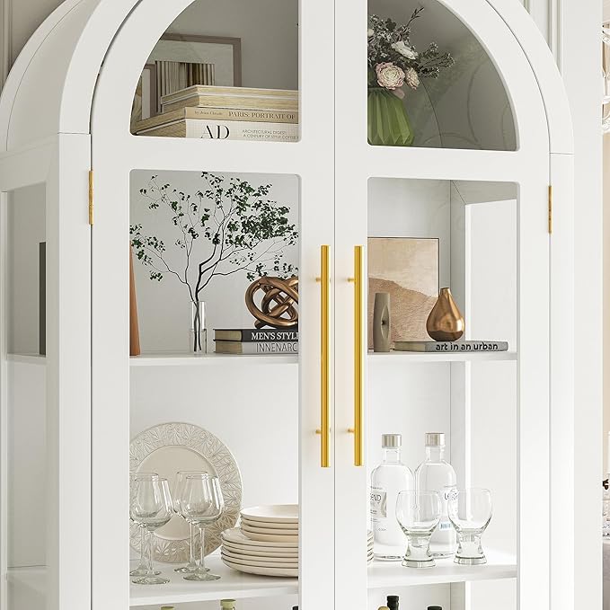 Arched Curio Cabinet with Glass Doors, 4-Tier Display Cabinet with 2 Drawers