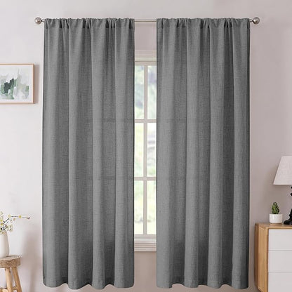Tollpiz Short Linen Curtains Living Room Rod Pocket Semi Sheer Curtain Burlap Light Filtering Thick Linen Drapes for Bedroom, 54 x 54 inches Long, Dark Grey, Set of 2 Panels