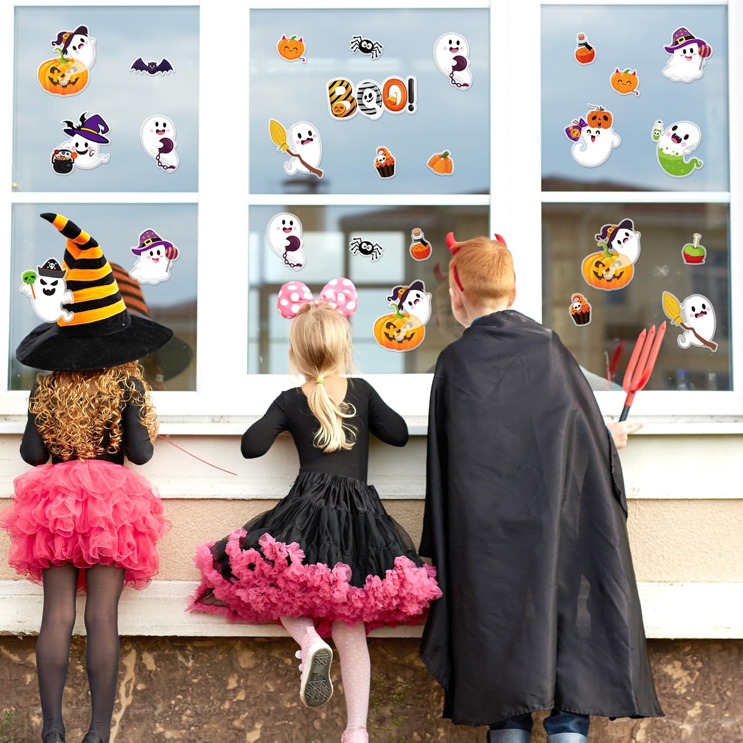 Whaline 32Pcs Halloween Thick Gel Window Clings Cute Ghost Pumpkin Boo Gel Decals for Holiday Home Classroom Nursery Glass Decor, 2 Sheets