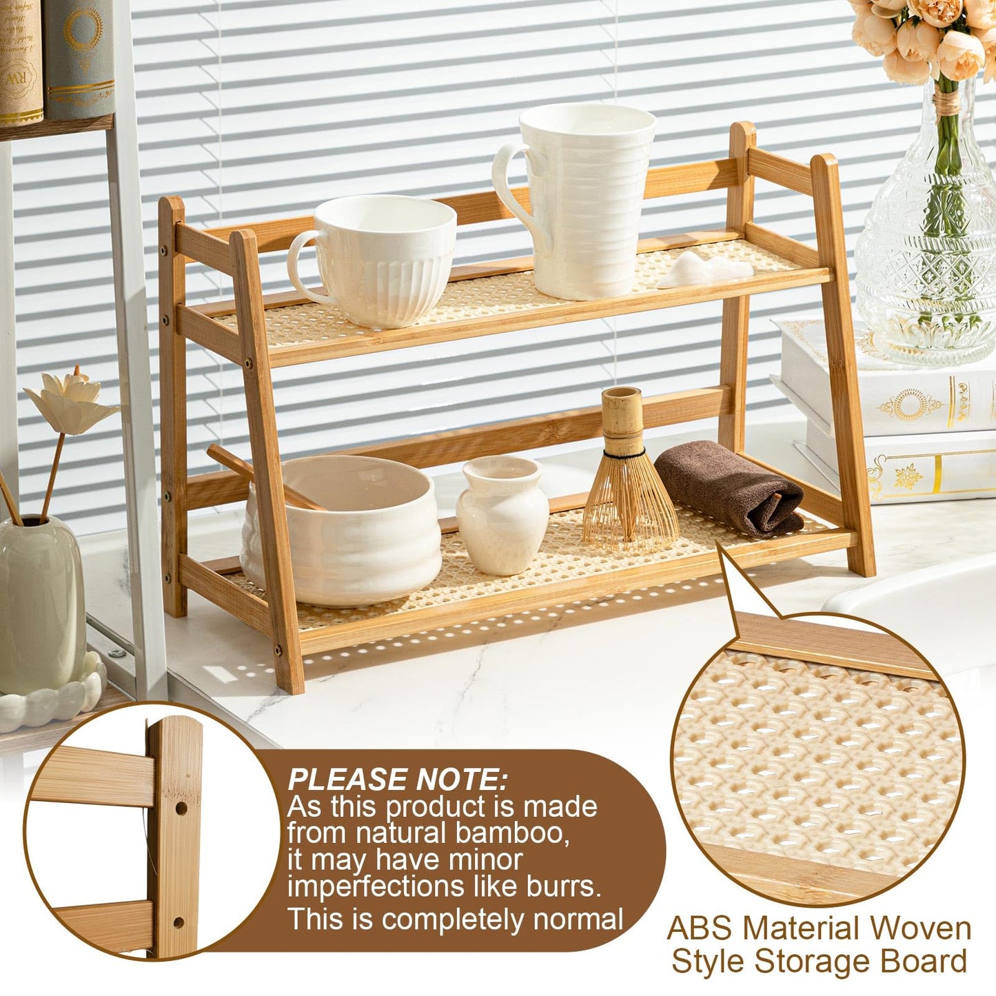 Yalikop 2 Pcs 17.7 Inch 2 Tier Matcha Station Shelf Bamboo Coffee Mug Stand Countertop Storage Rack, Double Layer Rattan Office Cup, Kitchen, Tea, Plant, Bar Accessories Condiment Display (Wood)