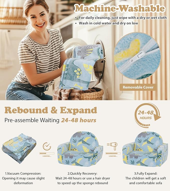 Kids Couch, 2-in-1 Soft Toddler Couch Fold Out