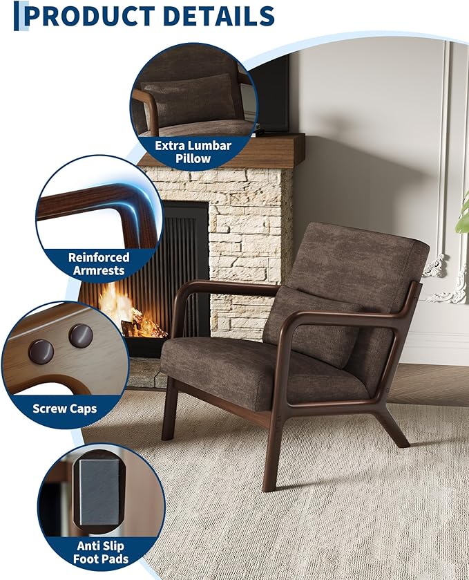 Garvee Mid-Century Modern Accent Chair, Chenille Upholstery, Solid Wood Armchair