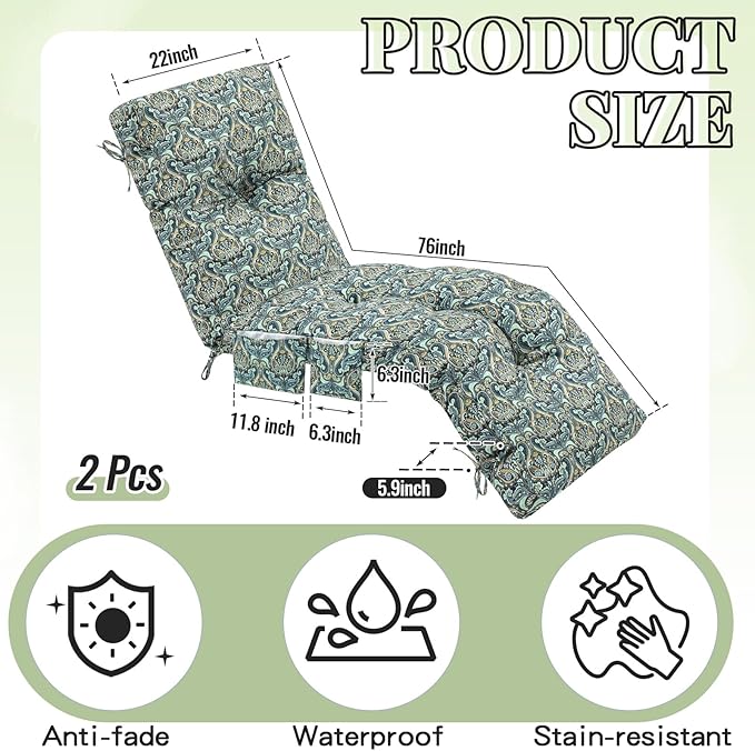 Kigley 2 Pcs Outdoor Chaise Lounge Cushions
