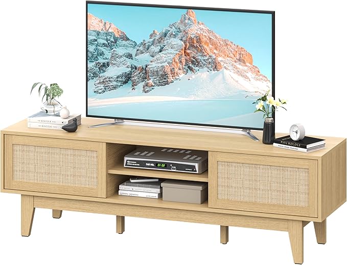 Boho TV Stand for 55 65 Inch TV, Rattan Entertainment Center