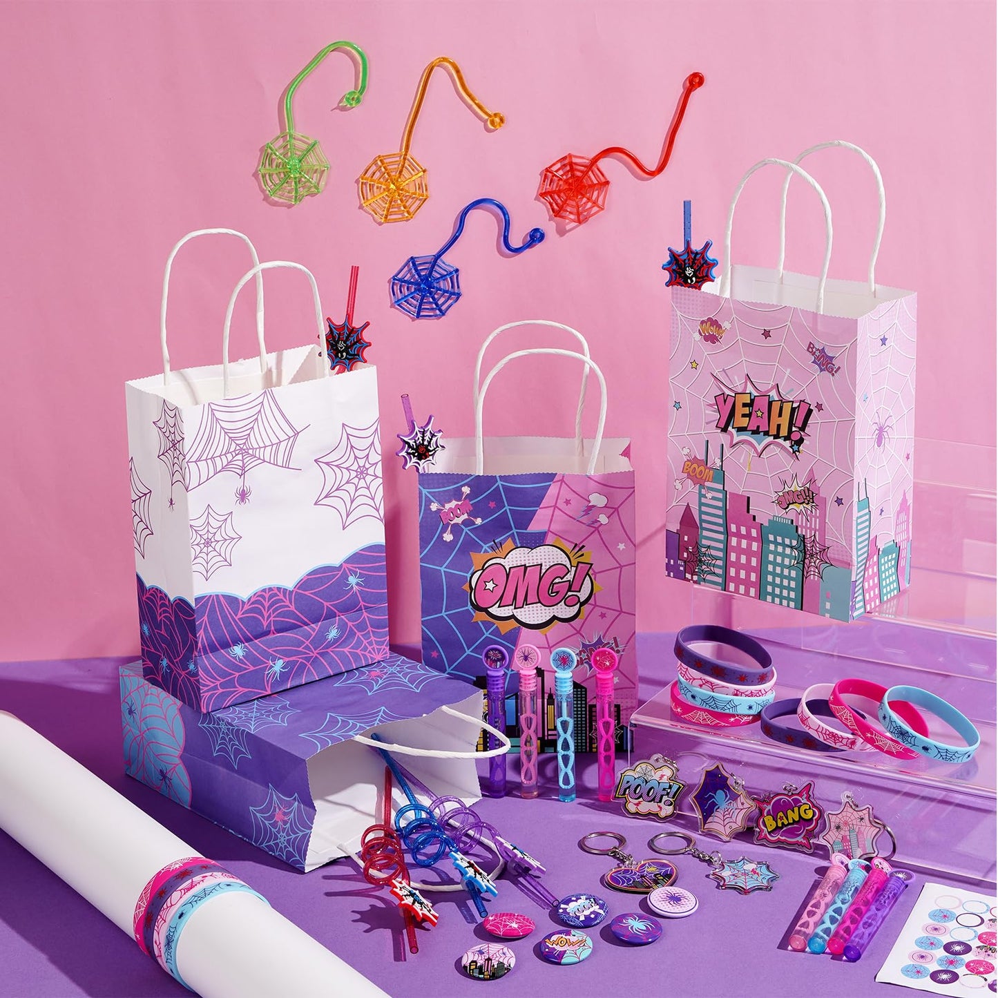 Vanblue 84 Pcs Pink Purple Spider Party Favors Gift Spiderweb Themed Birthday Party Decorations, Spider Comic Heroes Goodie Bag Stuffers,Classroom Reward Piñata Fillers for Girls Movie Fans
