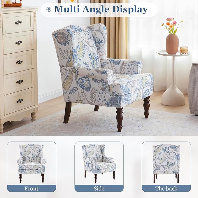 HUIMO Printed Wingback Accent Chair, Linen Upholstered High Back Armchair