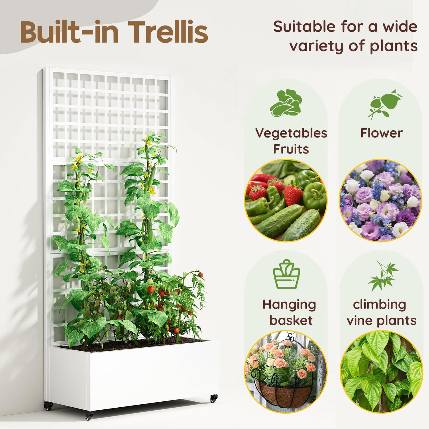 Metal Planter Box with Trellis,72"x35"x15",Galvanized Raised Garden Bed Trellis Outdoor Planter with Privacy Screen & Wheels and Drainage Holes,for Patio Climbing Vegetables,Flowers,Vines,White