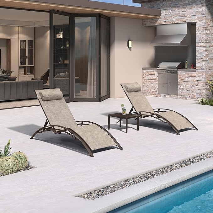 PURPLE LEAF Outdoor Chaise Lounge Chair Set of 3 Patio Pool Lounger Bronze