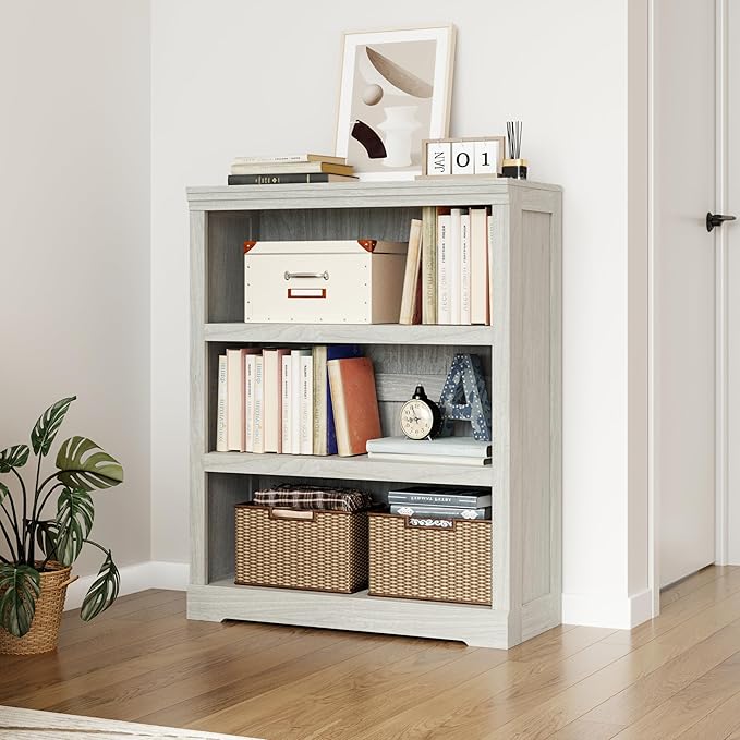 LINSY HOME 3-Tier Bookcase, Small Bookshelf Wood Display Storage Shelves