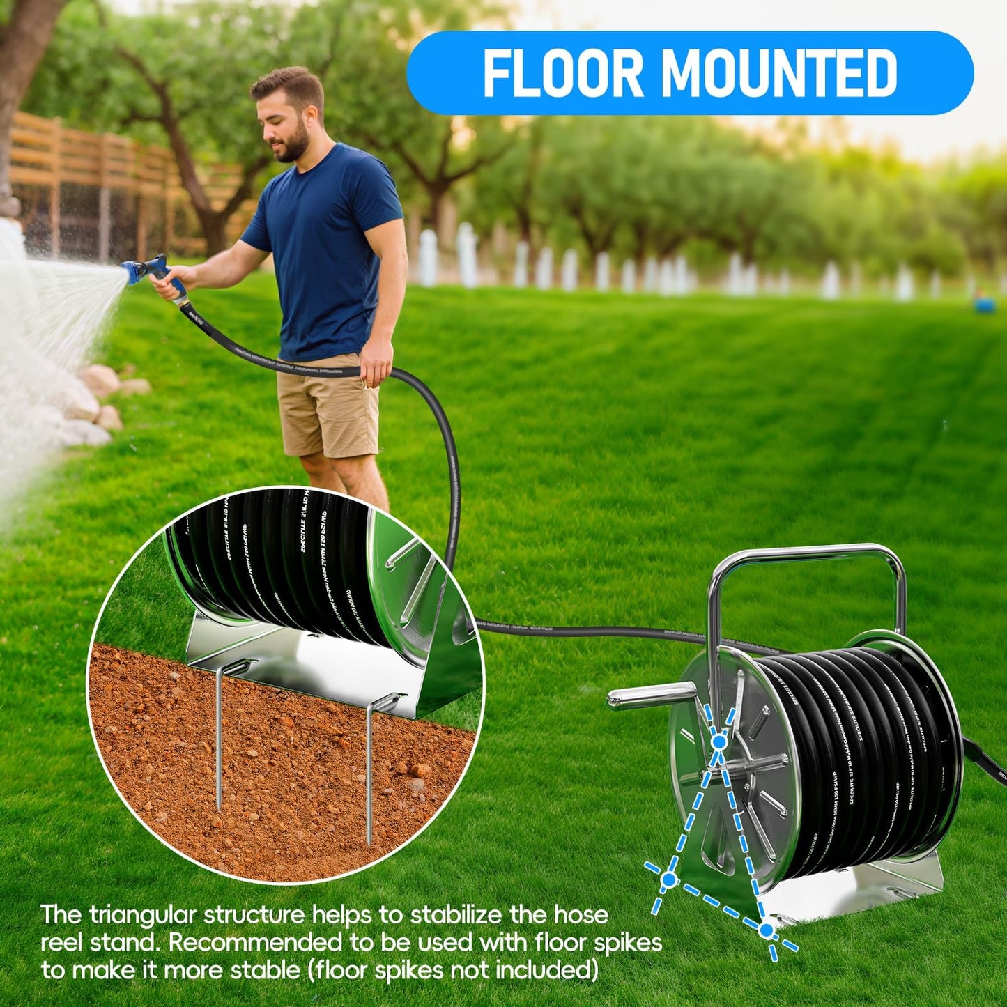 SPECILITE Stainless Steel Garden Hose Reel with 5/8" 75FT Hybrid Rubber Hose and 6FT Leader Pipe, Wall/Floor Metal Mounted Storage Spool with Crank Handle, for Outside, Yard, Patio