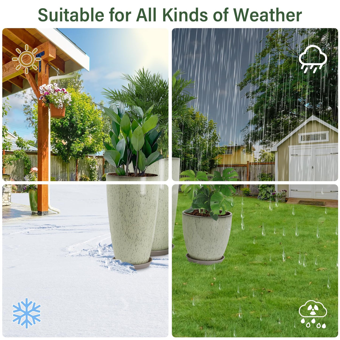 Neoaider 24/21/12 Inch Large Plastic Planter, Lightweight Ceramic-Look Tall Planters with Drain Hole & Saucers, Tall Plastic Planters for Porch, Garden, Patio, Balcony(Drip Glaze)