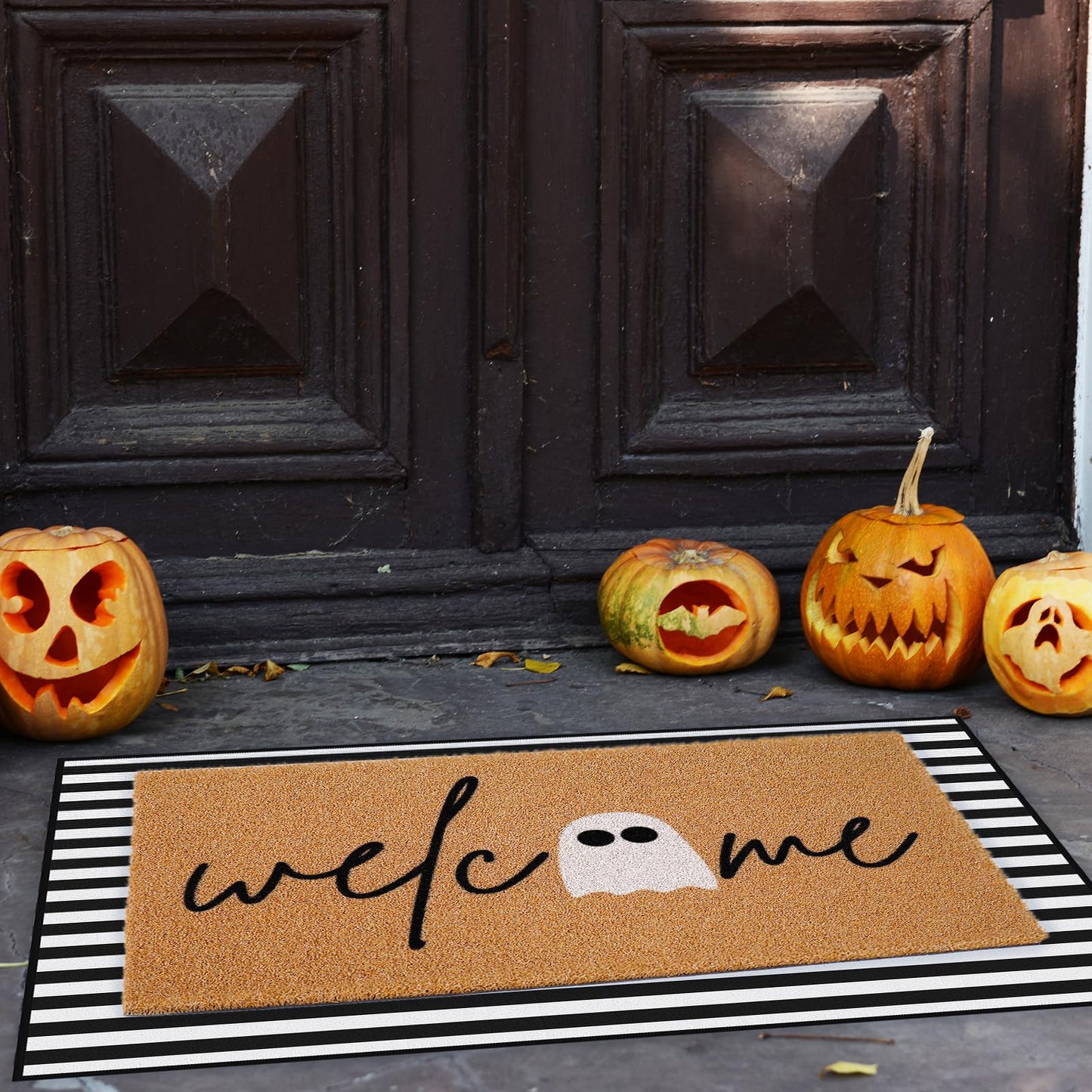 JarThenaAMCS 2Pcs Halloween Door Mat Combo Set 16.5" x 29" Cute Ghost Imitation Coir Welcome Doormat with 23.6" x 35.4" Black White Stripe Rug for Indoor Outdoor Home Bathroom Decor