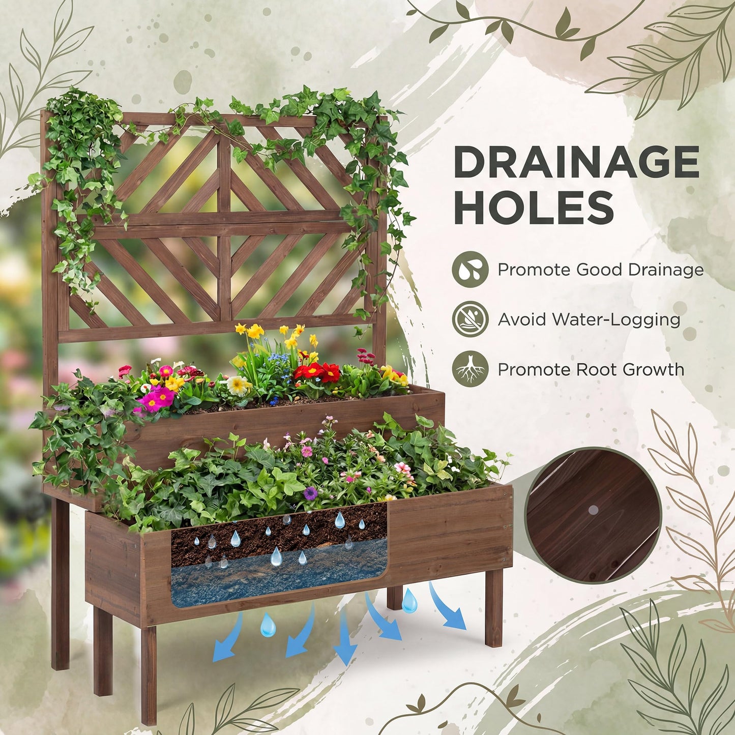 Giantex Raised Garden Bed with Trellis, 2-Tier Standing Planter Box with Legs and Drain Holes, Outdoor Elevated Garden Trellis for Vine Climbing, Flower Vegetable Fruit Herb Growing, Coffee Brown