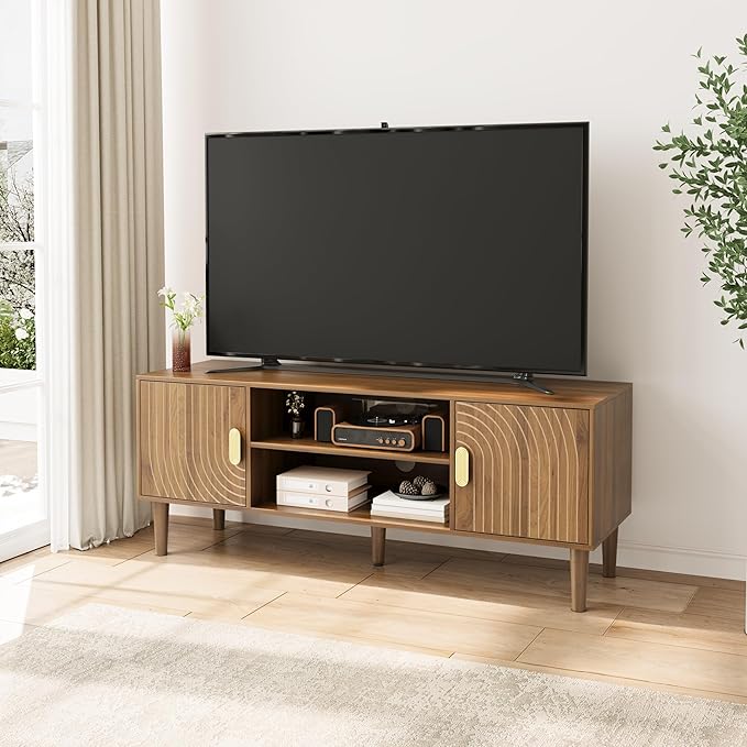 Smuxee Walnut TV Stand with Line Groove Design, 47.2" Mid Century Modern TV