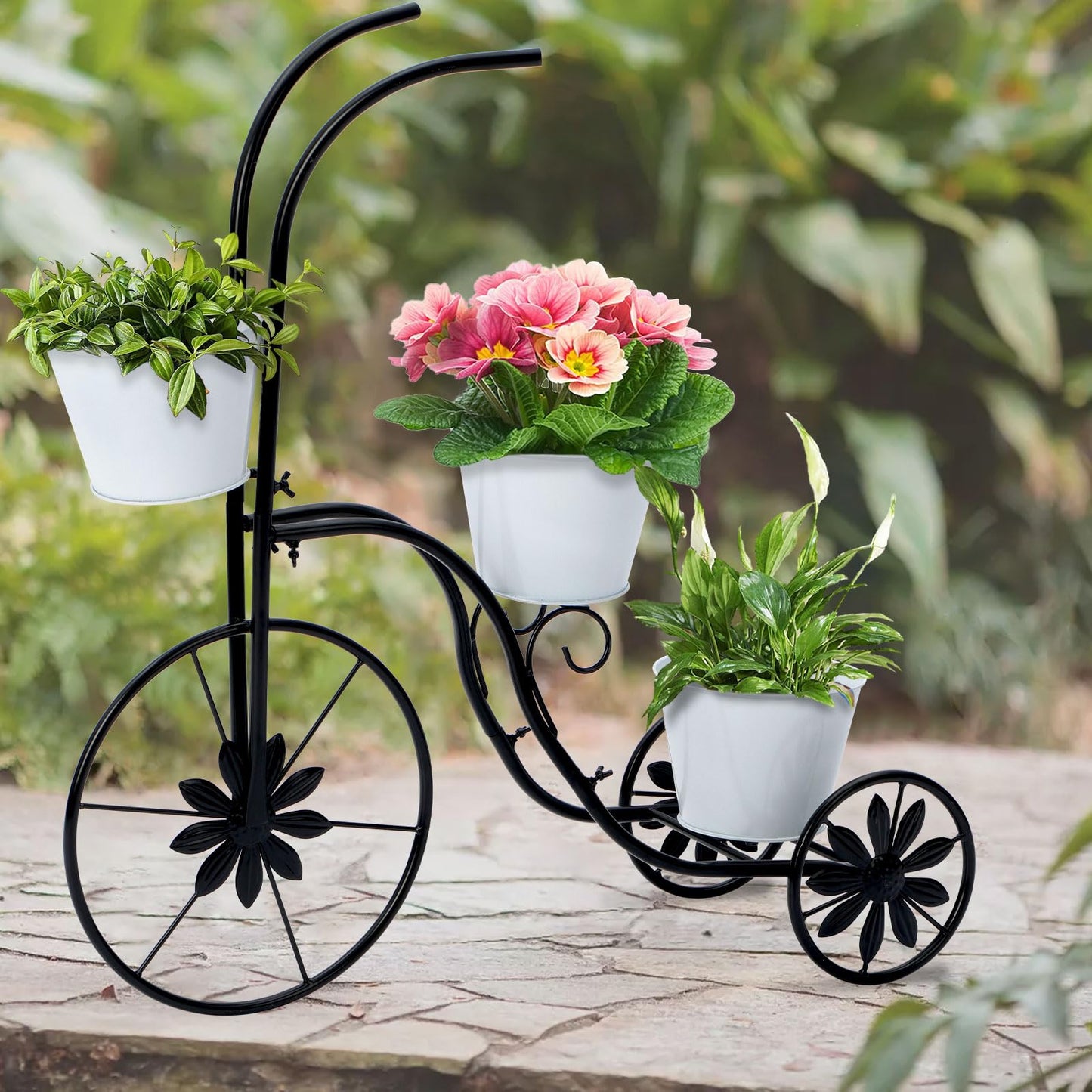 LEWIS&WAYNE Metal Tricycle Planter, 3 Tier Floral Flower Plant Stand Holder Hand Painted Outdoor Garden Patio Decor