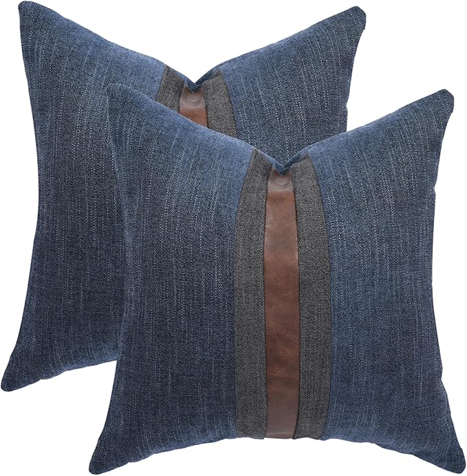 Set of 2 Leather Throw Pillow Covers Cotton Linen Decor Patchwork Pillow Cover