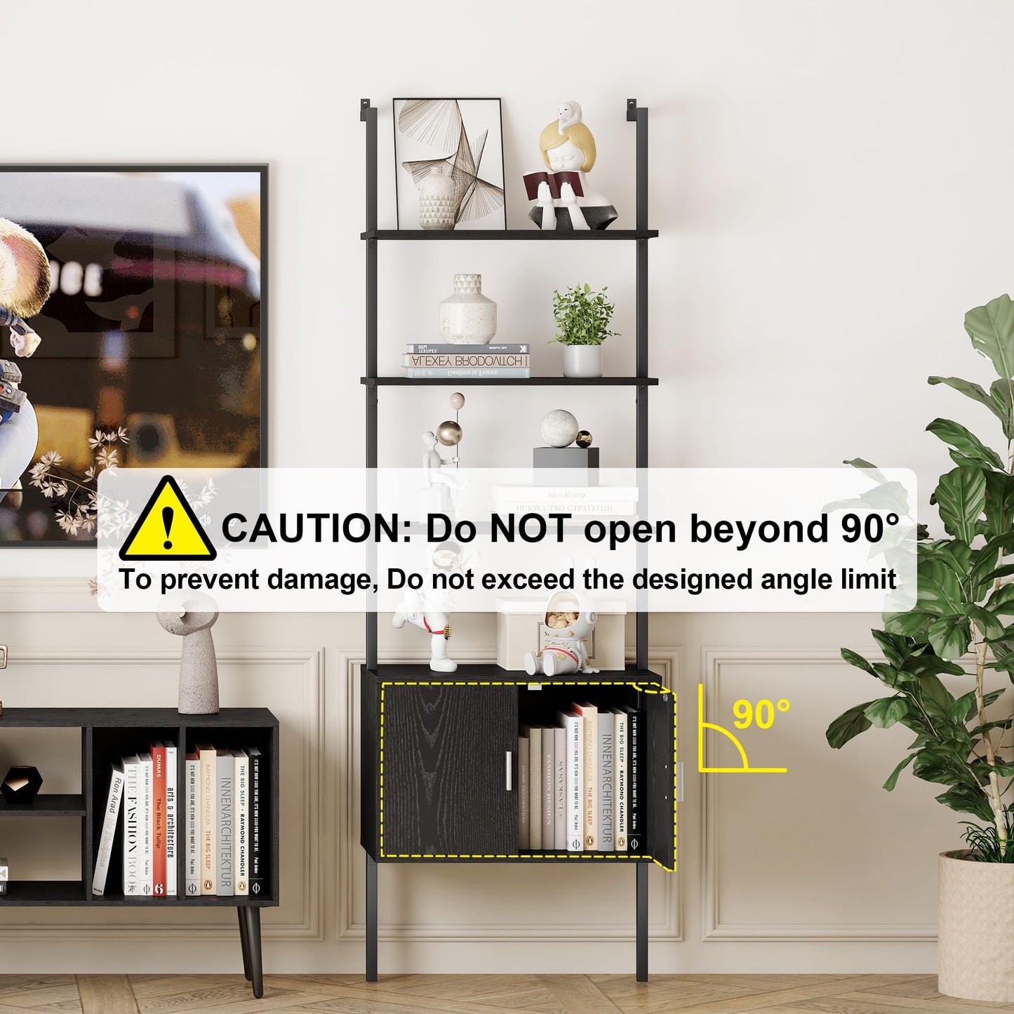 Yusong 73" Tall Bookshelf with Cabinet, Industrial Ladder Wall Mount Shelf Bookcase with Wood and Metal Frame, Plant Shelf Wall Storage Display for Living Room Bedroom, Black Wood Grain