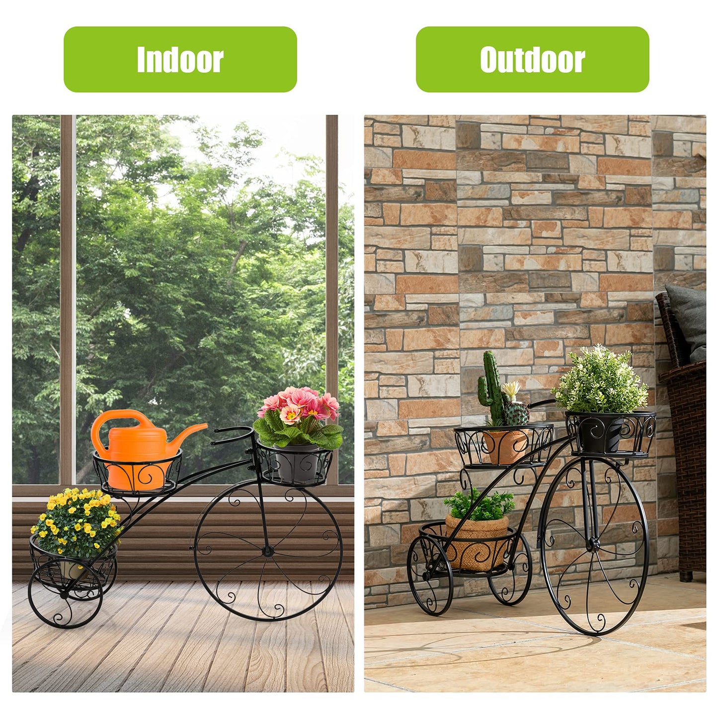 OFFICEJOY Bicycle Planter, Flower Pot Stand with 3 Decorative Wheels, 3 Collection Baskets, Metal Steel Frame, Tricycle Plant Stand for Outdoor, Indoor, Home, Balcony, Patio, Garden, Backyard