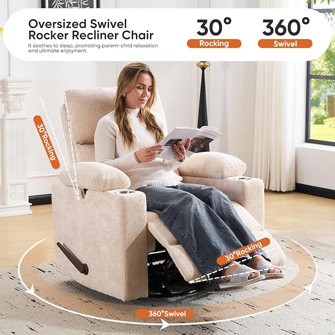 Swivel Rocker Recliner with Adjustable Armrests, Rocking Nursery Chair with
