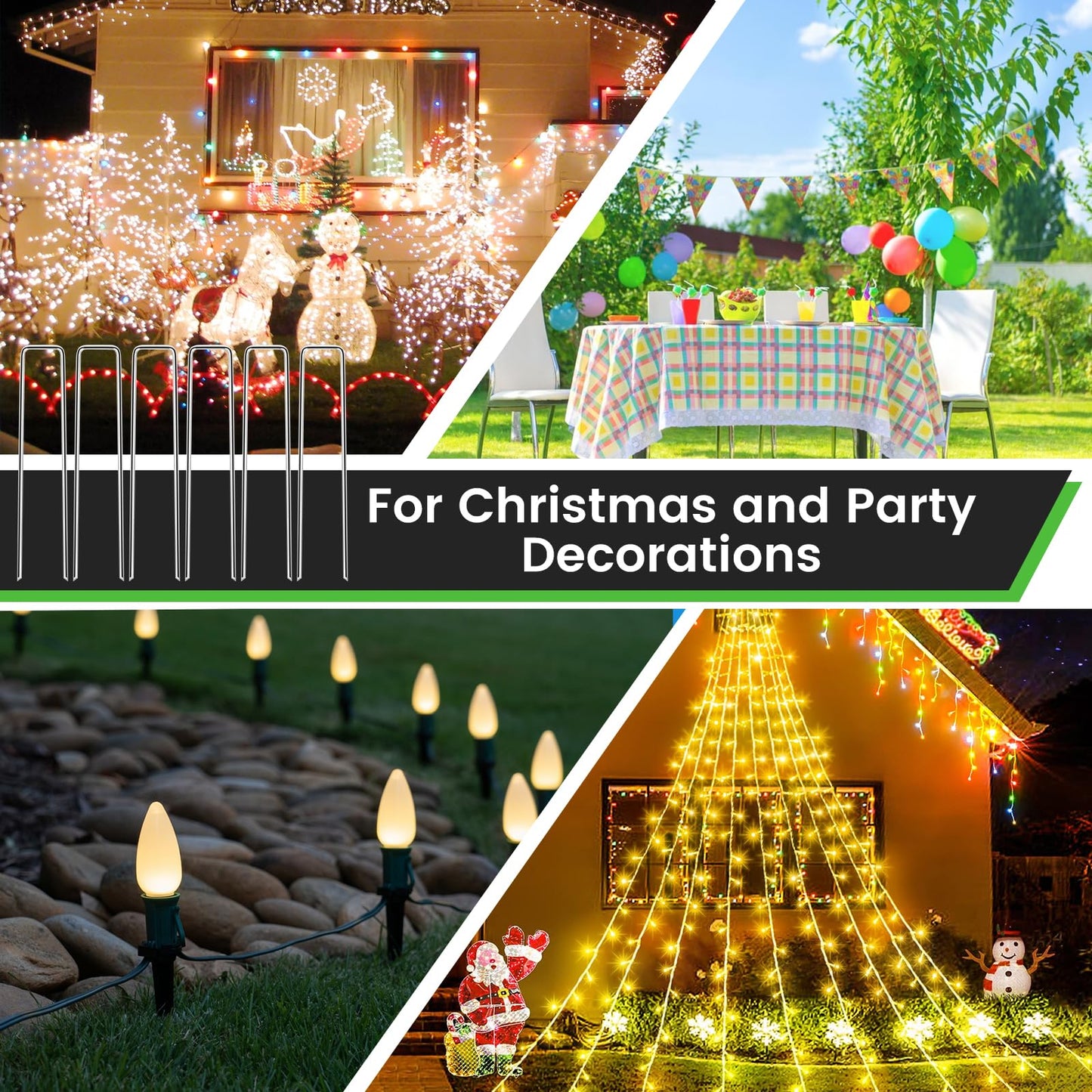 200 Pack 6 Inch Landscape Staples + 1 Hook 11 Gauge Heavy Duty Galvanized Garden Stakes, U-Shaped Ground Pins for Weed Barrier Fabric, Drip Irrigation Tubing, Sod, Lawn & Christmas Outdoor Decorations