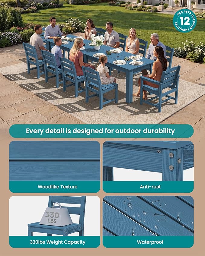 SERWALL HDPE Dining Set for 10 – 2 Tables, 8 Armless + 2 Armchairs. Includes 10