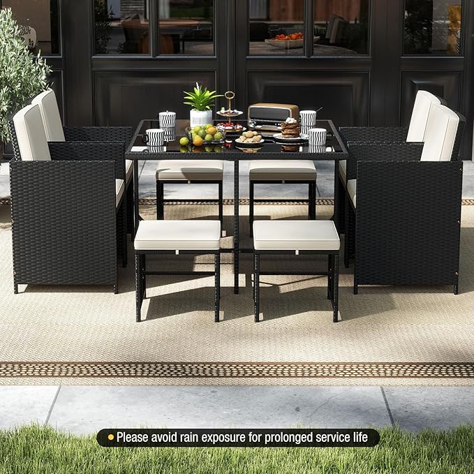 Tangkula 9 Piece Patio Dining Set, Rattan Chairs