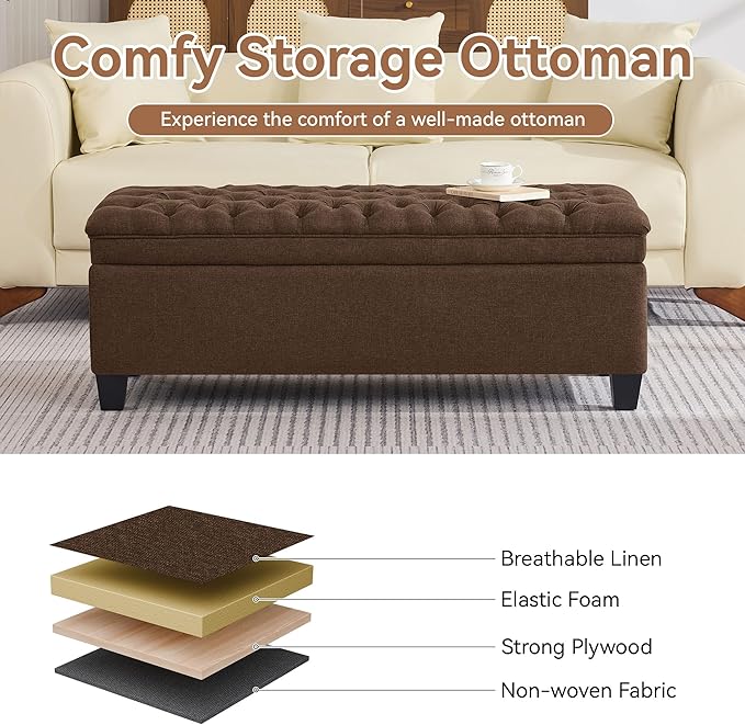 WUTUTUEE 50" Fabric Storage Ottoman Bench, Upholstered Rectangle End of Bed