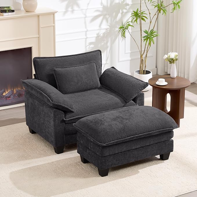 Oversized Accent Chair with Ottoman, Upholstered Armchair with Extra Thick
