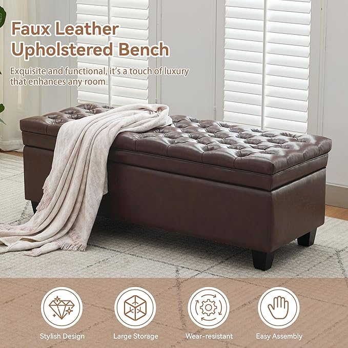 WUTUTUEE 50" Faux Leather Storage Ottoman Bench, End of Bed Upholstered
