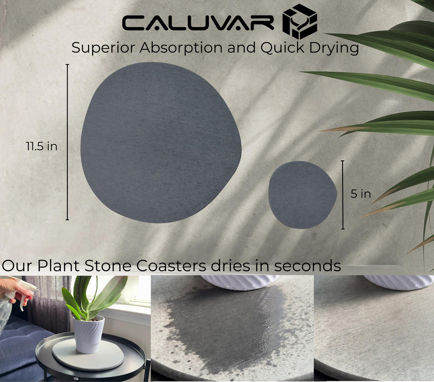 Stone Plant Saucer Set 1 Small 5 in + 1 Large 11.5 in, Absorbent Diatomaceous Earth Plant Tray for Indoors, Plant Pot Saucer with Silicone Feet, Grey Slate Water Absorbing Planter Tray