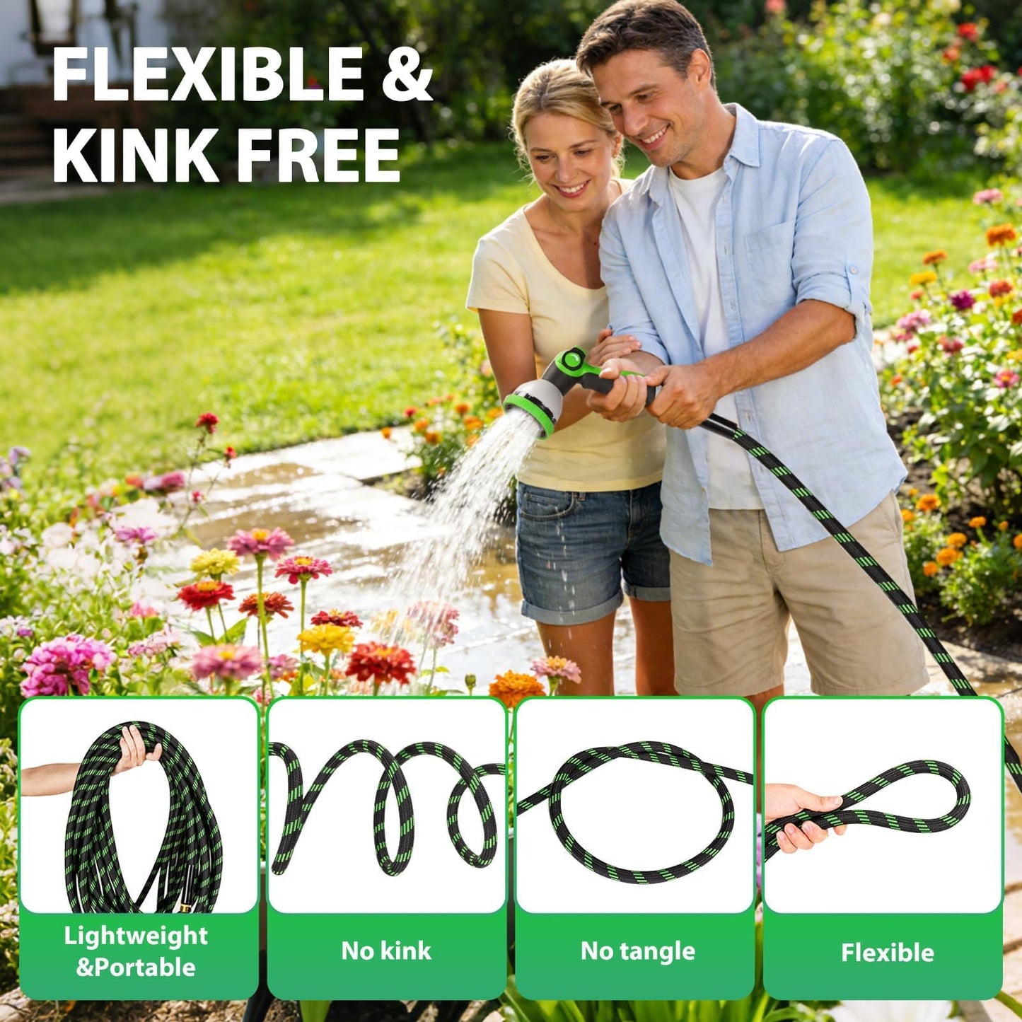 Ahititi Garden Hose 75 ft Water Hose Flexible Non-Expandable Outdoor Heavy Duty Lightweight Leakproof Kink-free flex Watering Hose Pipe for 3/4 inch Fitting Yard Lawn Outside Car Wash